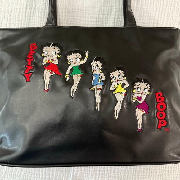 Betty Boop Shoulder Bag Tote Black Embroidered Double Handle Zip Closure - Picture 14 of 16